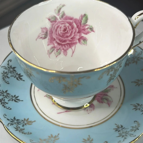 Antique Royal  Stafford Margaret Rose Blue Tea Cup and Saucer Bone China England - Picture 11 of 12